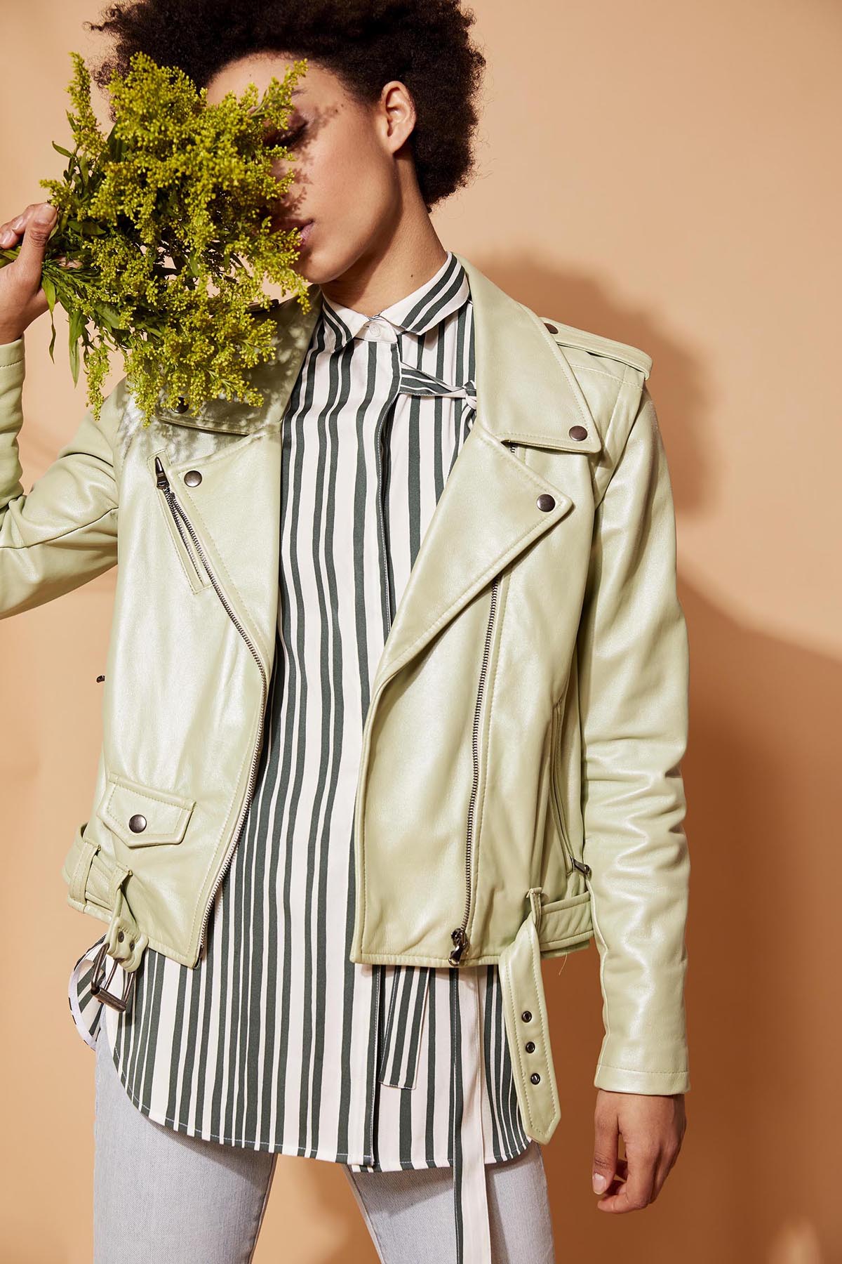 Pearlized Moto Jacket Sage